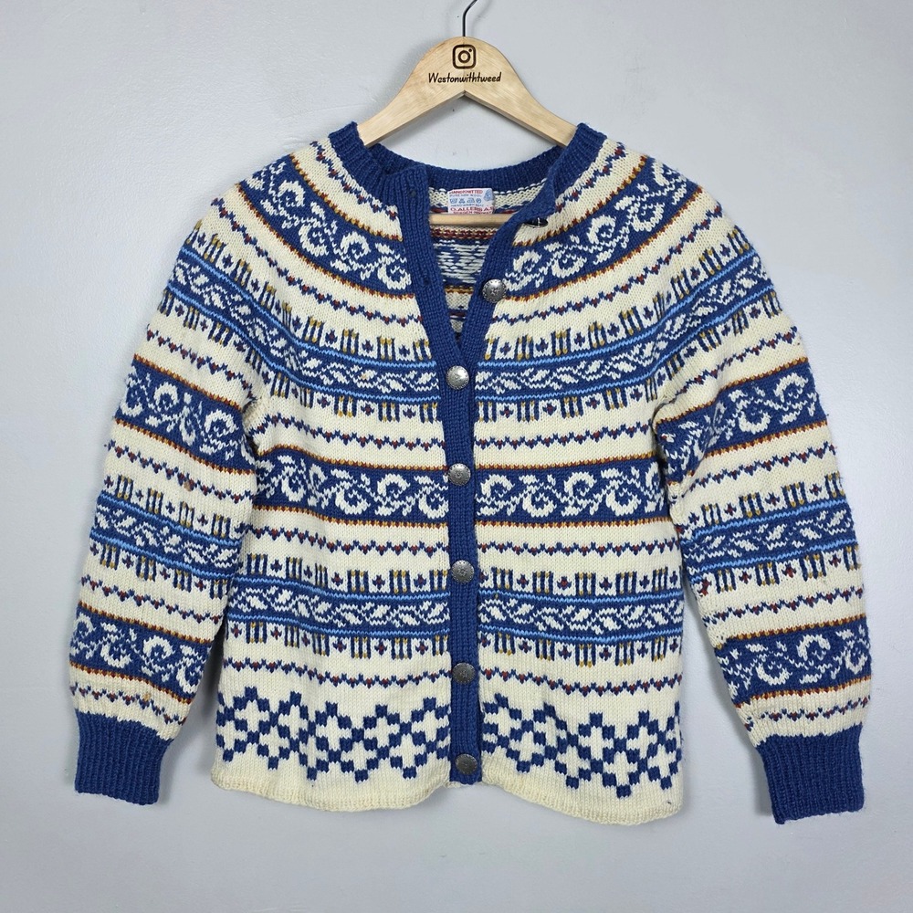 O. Allers A.S Handknitted Norway Wool Cardigan Blue Fair Isle Nordic Sweater